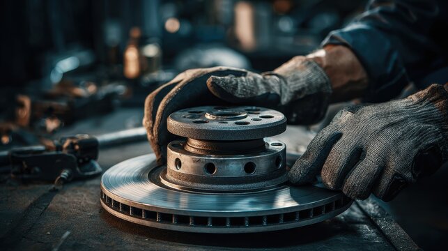 Detail shot of gloved mechanic examining car brake components in repair shop