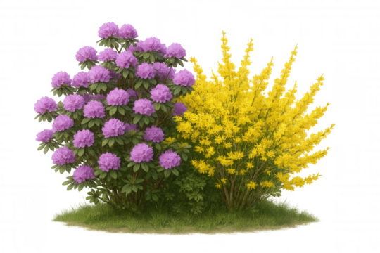 Rhododendron and forsythia shrubs blooming with purple and yellow flowers on green grass, transparent background