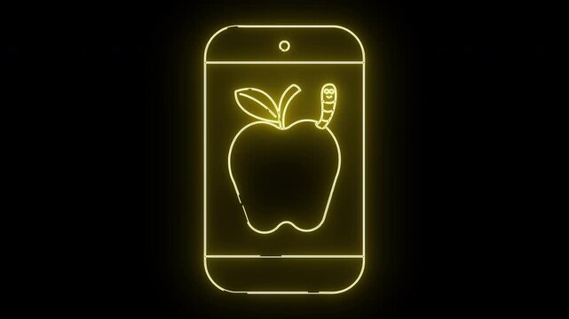 Illuminated outline of a smartphone displaying an apple with a worm against a black backdrop