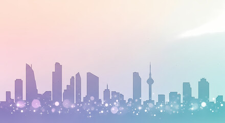 Silhouette of a modern city skyline with a pastel gradient background and bokeh lights.