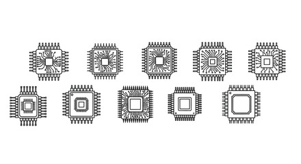 Collection of detailed black and white illustrations of electronic microchips