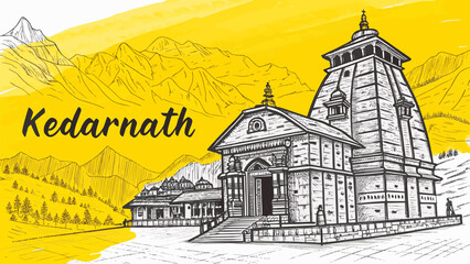 Drawing of Kedarnath Temple in Garhwal Himalayas for Religious and Adventure Travel Campaigns