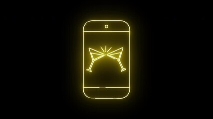 Illuminated smartphone silhouette displays two neon yellow martini glasses toasting in center against a black backdrop - Powered by Adobe