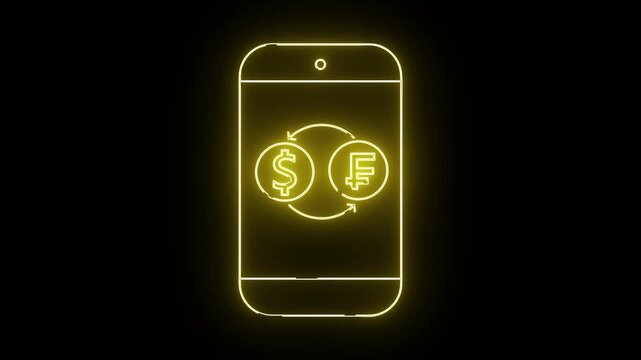 Illuminated smartphone displaying a currency exchange graphic of dollar  franc symbols rotating