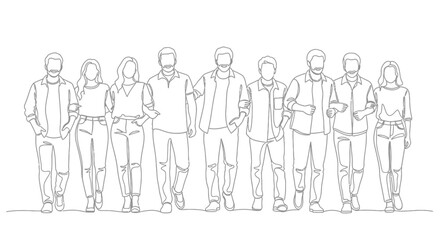 Line drawing of diverse group of people standing together in solidarity