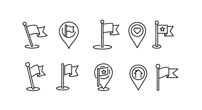 Collection of hand drawn flag and location pin icons