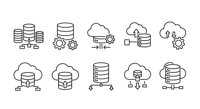 Collection of hand drawn cloud computing and database icons for technology concepts