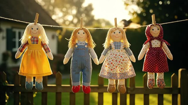 Handmade rag dolls hanging on a clothesline in a sunny backyard setting outdoors