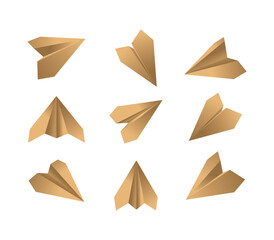 Paper plane 3d models in different angles on white background. Gold origami aircrafts. Clean minimal folded sheet objects for education, childhood concepts or travel metaphory