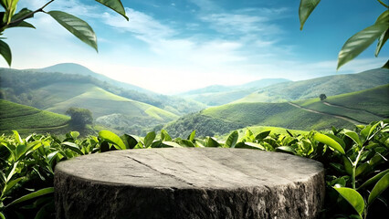 Empty stone podium in lush green tea plantation landscape with rolling hills and blue sky, ideal natural background for organic product display and branding.
