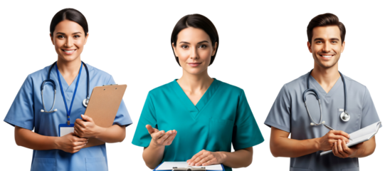 Medical team portrait set, healthcare professionals in scrubs, doctors and nurses studio set, medical team portrait isolated.