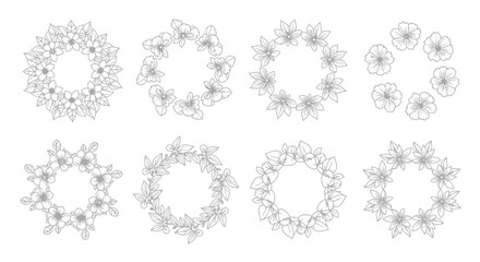 Collection of eight decorative oval floral frames hand drawn in black and white