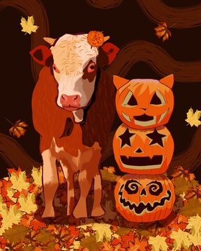 Postal para instagram de una vaca con calabazas