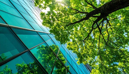 Modern office building with stunning green tree reflecting in glass facade, promoting sustainability and eco-friendly practices