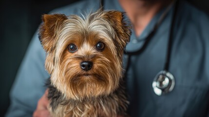 Vet examining Yorkshire Terrier with stethoscope