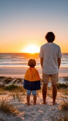 Fototapeta premium Father and Child in Cape Watching Sunset on Beach