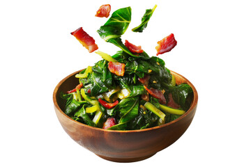 Cooked collard greens slow-cooked with crispy bacon slices served in wooden bowl, isolated on white transparent background, concept of traditional Southern cuisine