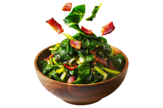 Cooked collard greens slow-cooked with crispy bacon slices served in wooden bowl, isolated on white transparent background, concept of traditional Southern cuisine