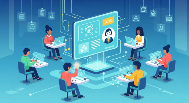 Online education and elearning concept students learning together via video conference, webinar, training course, isolated on blue background vector illustration