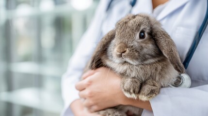 Young male vet holding a rabbit in a clinic
