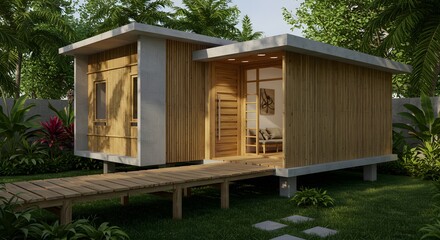 Modern Tropical Tiny House with Bamboo Cladding and Wooden Deck