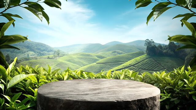 Empty stone podium in lush green tea plantation landscape with rolling hills and blue sky, ideal natural background for organic product display and branding. - Powered by Adobe