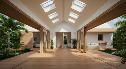 Obraz premium Modern Tropical Villa Interior with Wooden Decking and Skylights