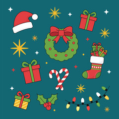 Christmas elements with santa hat, wreath, gifts, stocking, candy cane, lights