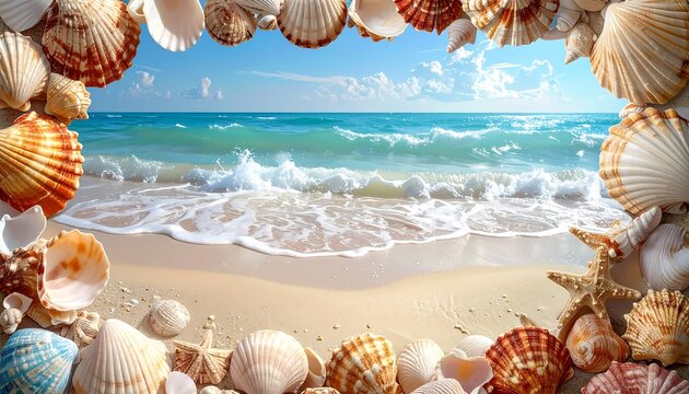 Seaside scene, seashell frame; ocean waves and bright, blue sky