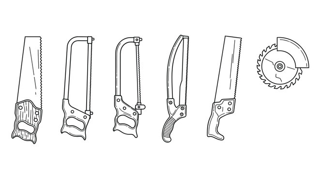 Collection of vintage hand saws and a circular saw blade illustration