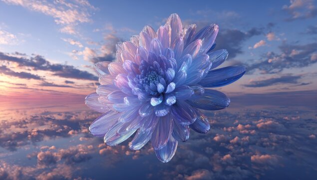 A delicate, iridescent flower floats amidst a vibrant sky and clouds
