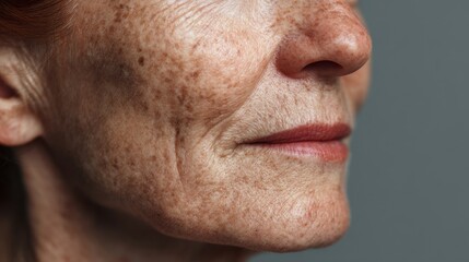 Fototapeta premium Depict aged skin features like sagging and blemishes around the mouth along with scars and freckles on the faces of 55 year old women emphasizing health and beauty