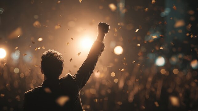 A businessman celebrates success at an awards ceremony with confetti and flair while an audience applauds achievements during a nighttime seminar
