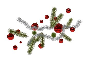 Christmas tree branch with red baubles and tinsel isolated on white background