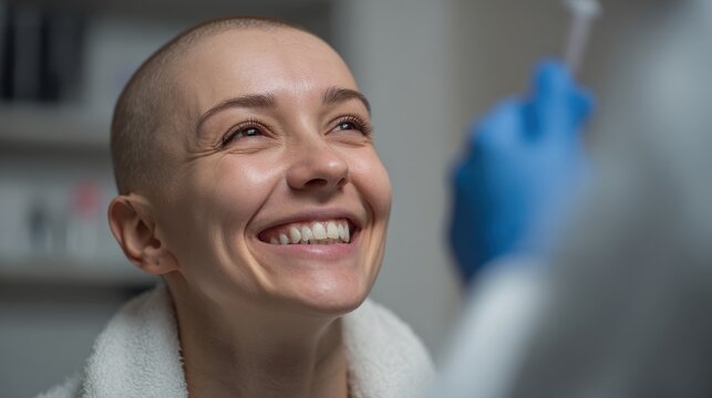 I believe everything will turn out fine Close up of a smiling bald young woman undergoing cancer treatment and receiving positive lab results Hopeful cancer patient is happy about her
