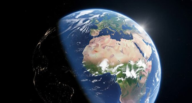 Planet earth viewed from space, showcasing continents, oceans, and clouds with the sun rising on the horizon, a celestial body animated 4k video