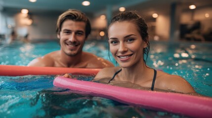 Charming European couple taking a swim class with noodles in an indoor pool High quality image