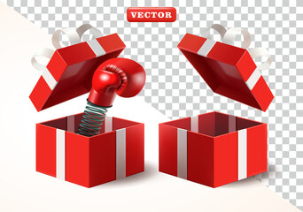 Gift box containing boxing gloves with springs, 3d vector. Suitable for events and businesses