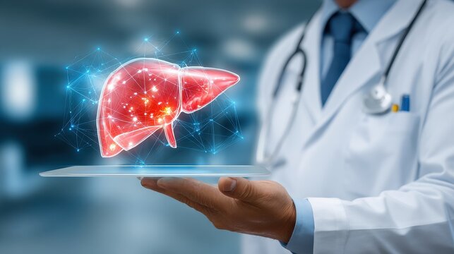 Physician with liver replica and device Liver cancer tumors jaundice hepatitis types A E cirrhosis failure enlargement hepatic encephalopathy abdominal fluid and health issues