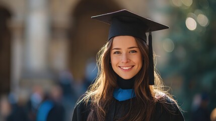 University graduation portrait of a smiling woman celebrating her educational success outdoors confidently wearing a cap proud of her achievements and scholarship