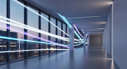 Obraz premium Futuristic corridor with glowing light trails showing fast data transfer and modern architecture