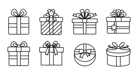 Collection of hand drawn gift boxes with bows and ribbons