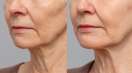 Elderly woman s lower face and neck showing aged skin before and after facelift surgery Signs include sagging wrinkles and puffiness indicating rejuvenation