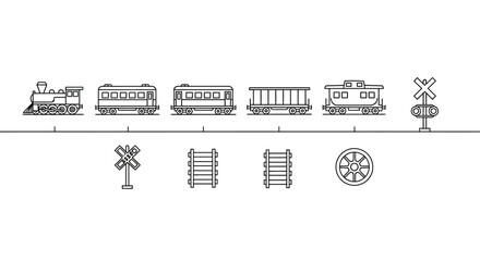 Vintage train and railroad crossing elements illustration © Runa