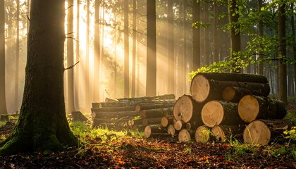 Sun rays stream through a forest, highlighting logs and mossy trees