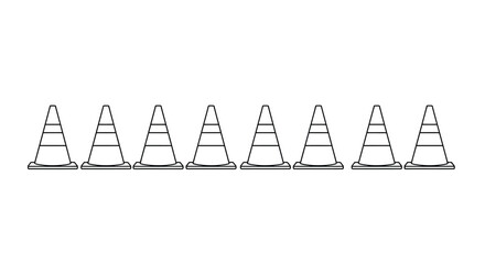 Row of identical clear plastic traffic cones lined up on a white background
