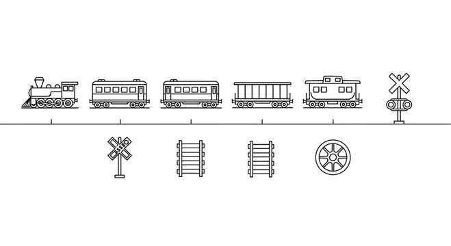Vintage train and railroad crossing elements illustration