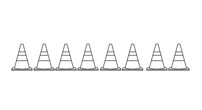 Row of identical clear plastic traffic cones lined up on a white background