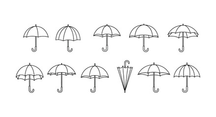 Collection of hand drawn umbrella illustrations in a simple line art style © Runa