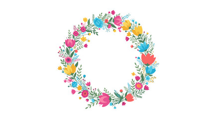 A beautiful circular arrangement of colorful spring flowers and green leaves.